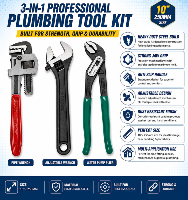 Eastman 3-in-1 Plumber Tools Kit 10” (250mm) – Pipe Wrench, Adjustable Wrench & Plier