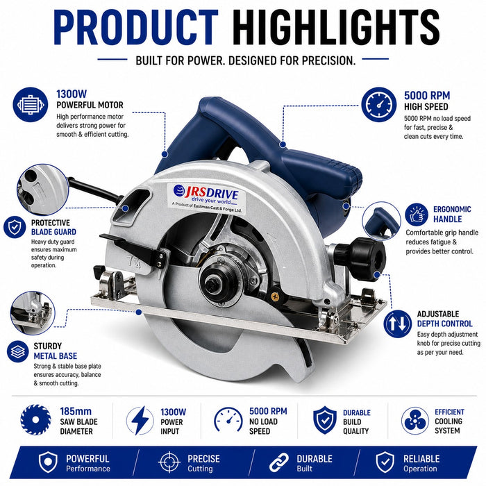 JRSDRIVE ECS-185 1300W Circular Saw (185mm Blade, 5000 RPM) - Variable Depth & Bevel Control Woodworking Tool with Dust Port and Safety Lock