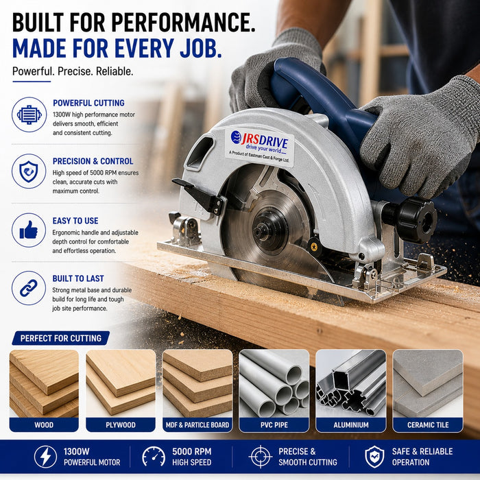 JRSDRIVE ECS-185 1300W Circular Saw (185mm Blade, 5000 RPM) - Variable Depth & Bevel Control Woodworking Tool with Dust Port and Safety Lock