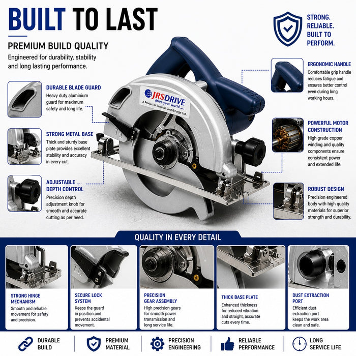JRSDRIVE ECS-185 1300W Circular Saw (185mm Blade, 5000 RPM) - Variable Depth & Bevel Control Woodworking Tool with Dust Port and Safety Lock