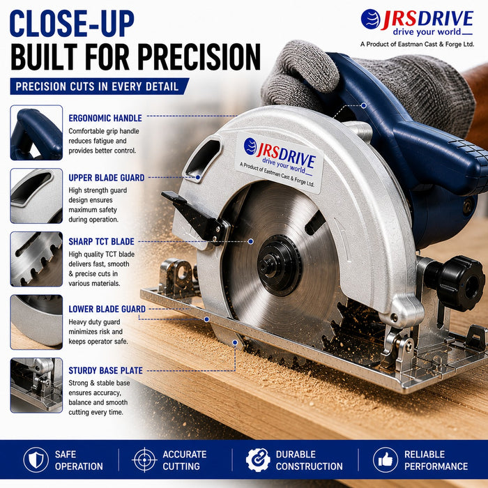 JRSDRIVE ECS-185 1300W Circular Saw (185mm Blade, 5000 RPM) - Variable Depth & Bevel Control Woodworking Tool with Dust Port and Safety Lock