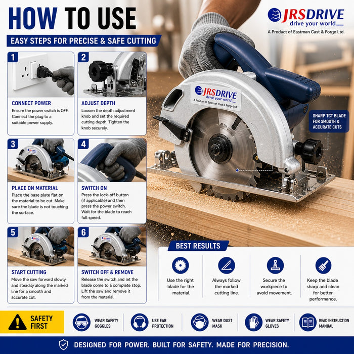 JRSDRIVE ECS-185 1300W Circular Saw (185mm Blade, 5000 RPM) - Variable Depth & Bevel Control Woodworking Tool with Dust Port and Safety Lock