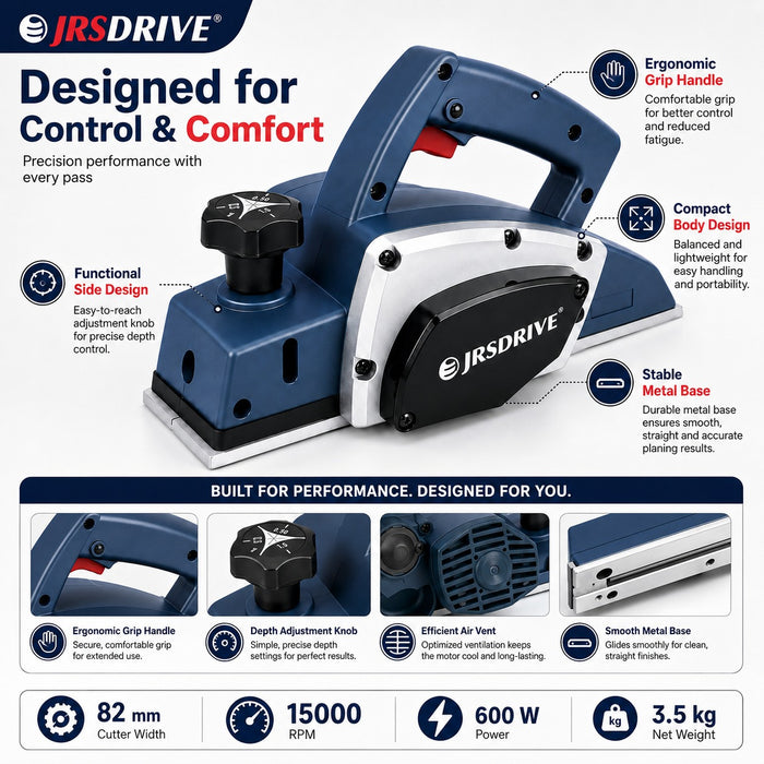 JRSDRIVE EEP-082N Electric Wood Planer 82mm (3-1/4") – 650W Motor, 16500RPM High Speed Woodworking Tool