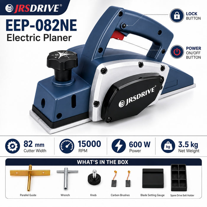 JRSDRIVE EEP-082N Electric Wood Planer 82mm (3-1/4") – 650W Motor, 16500RPM High Speed Woodworking Tool
