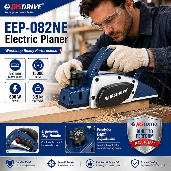 JRSDRIVE EEP-082N Electric Wood Planer 82mm (3-1/4") – 650W Motor, 16500RPM High Speed Woodworking Tool