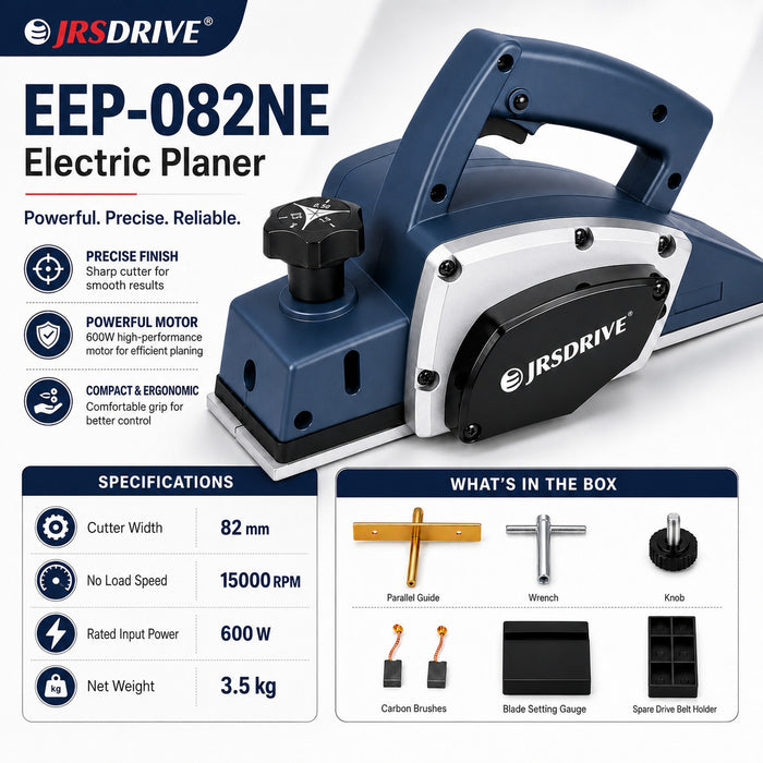 JRSDRIVE EEP-082N Electric Wood Planer 82mm (3-1/4") – 650W Motor, 16500RPM High Speed Woodworking Tool
