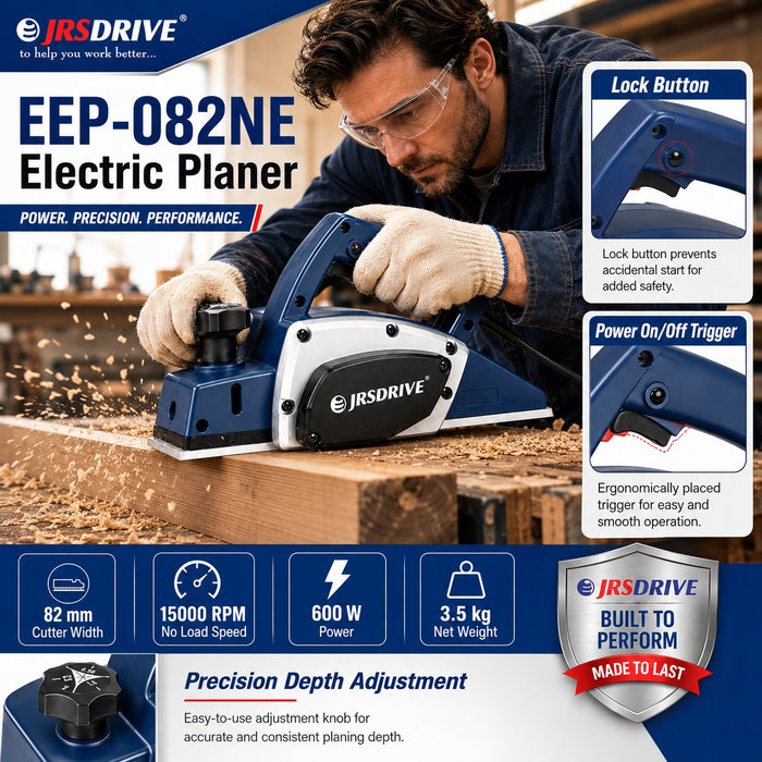 JRSDRIVE EEP-082N Electric Wood Planer 82mm (3-1/4") – 650W Motor, 16500RPM High Speed Woodworking Tool