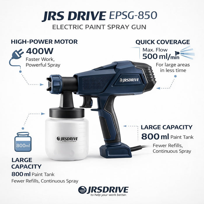 JRSDRIV Electric Paint Spray Gun 400W, 800ml Tank Capacity with Adjustable Flow Control, 3 Spray Patterns, and 2.6mm Nozzle for DIY Furniture, Walls, and Automotive Painting. EPSG-850