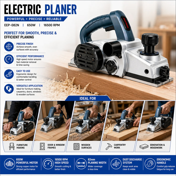 JRSDRIVE EEP-082N Electric Wood Planer 82mm (3-1/4") – 650W Motor, 16500RPM High Speed Woodworking Tool
