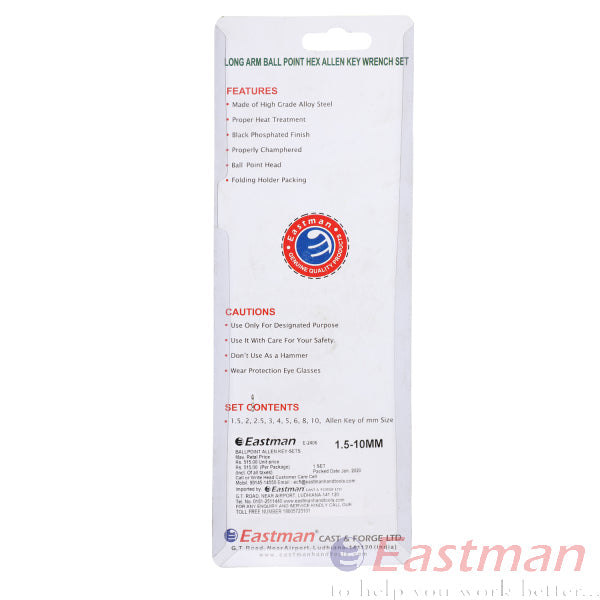 EASTMAN ALLEN KEY SET, BLACK COLOUR ,CHAMPHERED HERADS , - XTRA LONG 1.5, 2, 2.5, 3, 4, 5, 6, 8, 10 Mm _KE -EAK-2406